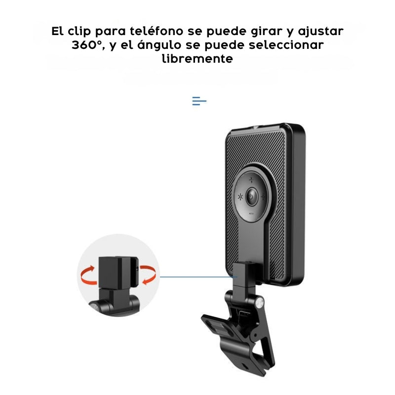 Luz LED portátil, iluminación para videollamadas, luz para selfies, accesorios para creadores de contenido, luz recargable, lámpara para transmisiones en vivo, luz profesional compacta, iluminación ajustable, tecnología para videoconferencias.