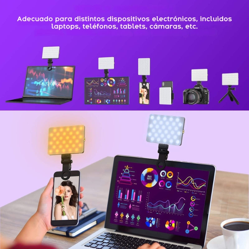 Luz LED portátil, iluminación para videollamadas, luz para selfies, accesorios para creadores de contenido, luz recargable, lámpara para transmisiones en vivo, luz profesional compacta, iluminación ajustable, tecnología para videoconferencias.
