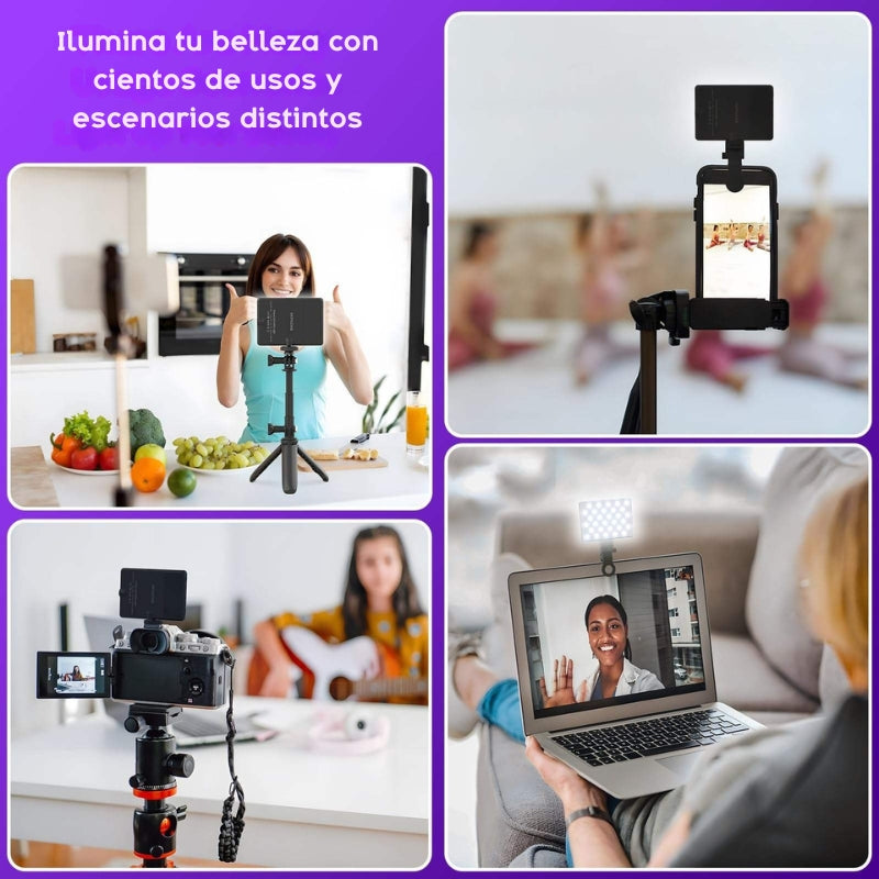 Luz LED portátil, iluminación para videollamadas, luz para selfies, accesorios para creadores de contenido, luz recargable, lámpara para transmisiones en vivo, luz profesional compacta, iluminación ajustable, tecnología para videoconferencias.