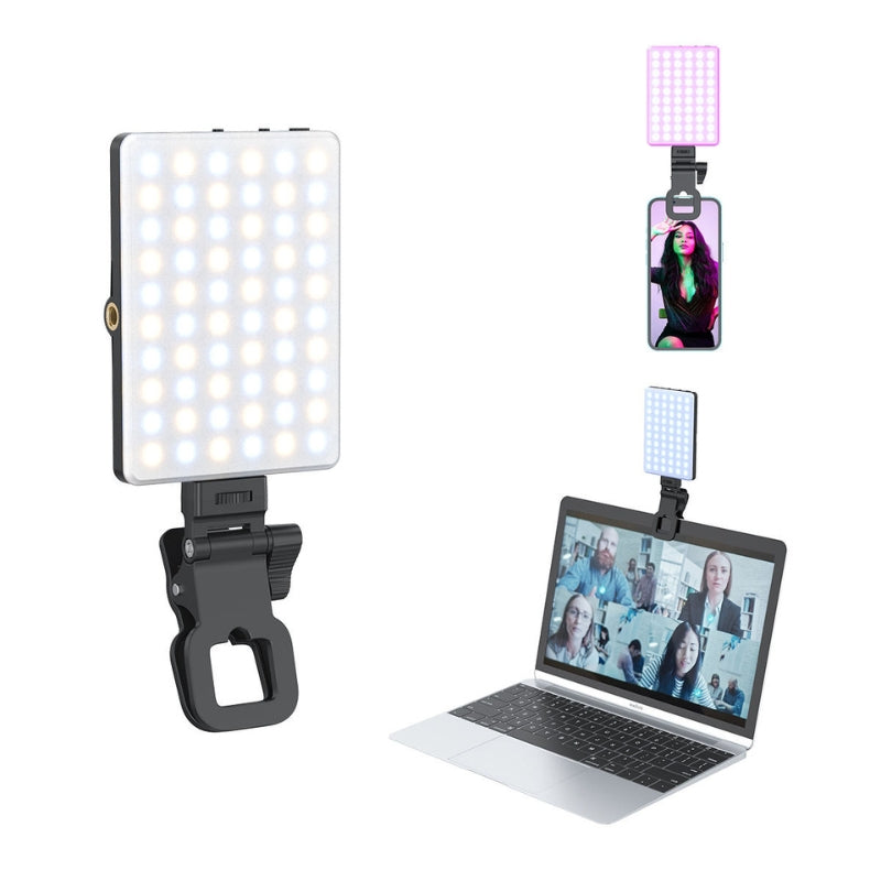 Luz LED portátil, iluminación para videollamadas, luz para selfies, accesorios para creadores de contenido, luz recargable, lámpara para transmisiones en vivo, luz profesional compacta, iluminación ajustable, tecnología para videoconferencias.