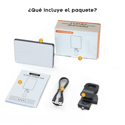 Luz LED portátil, iluminación para videollamadas, luz para selfies, accesorios para creadores de contenido, luz recargable, lámpara para transmisiones en vivo, luz profesional compacta, iluminación ajustable, tecnología para videoconferencias.